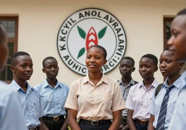 A professional photograph of a group of students in Nairobi standing in front of the Kenya Civil Aviation Authority logo, looking inspired and engaged during an official field visit.
