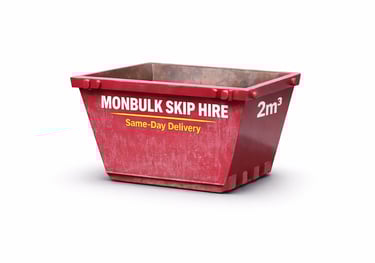 maroon 2 m3 mini skip with signage for monbulk skip hire same day delivery on the side
