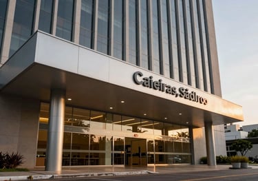 Exterior view of a modern professional building entrance in Caieiras, São Paulo, during late afternoon with golden hour lighting, Brazilian architecture.
