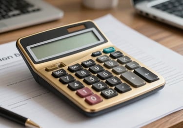 A professional desk setup featuring a digital calculator and business documents, with golden accents, sharp focus, sophisticated office environment.