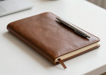 A clean, bright desk showing a leather-bound business notebook and a silver pen, minimalist and professional South American style.
