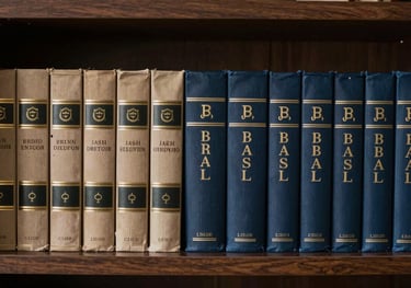 An organized office shelf with professional law and accounting books in a dark library, high-end Brazilian corporate aesthetic.