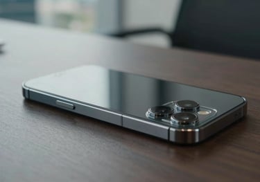 Close-up of a modern high-end smartphone on a dark desk reflecting a corporate interior, Brazilian setting, sophisticated lighting.