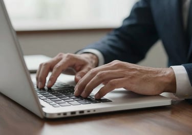 Detailed shot of hands working on a laptop in a premium office setting, white and dark contrast, professional Brazilian corporate style.