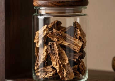 A beautiful luxury presentation of raw agarwood chips displayed inside a clear glass jar with a dark wooden lid, sitting on a dark brown shelf. Delicate warm lighting casting golden highlights on the glass.