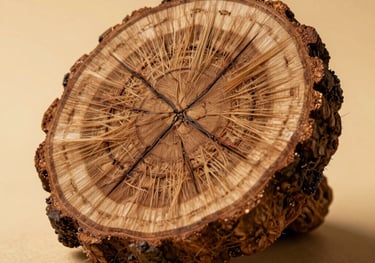 Macro photography showcasing the intricate, raw fibers and dark resinous veins of a single Merauke Oud wood slice. Soft, warm golden studio lighting with deep shadows to highlight authentic organic details.