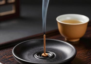 An elegant burning incense plate made of black ceramic, with a single stick of pure Oud wood emitting thin, gentle white smoke. Beside it sits a small, warm-toned ceramic teacup on a dark wood tray, reflecting Indonesia / Southeast Asian luxury lifestyle.