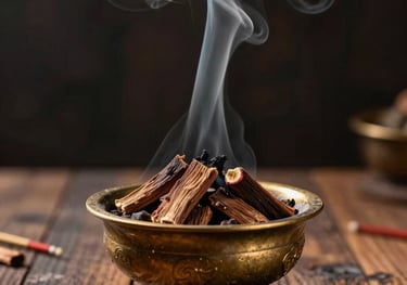 A burning incense ritual scene showing premium dry Oud Sanai chips slowly smoldering inside an antique bronze burner. Delicate, thin lines of smoke rise up. The background is a dark, moody wooden texture under soft golden lighting, conveying Southeast Asian heritage.