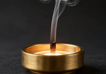 A modern minimalist brass and wood incense burner glowing under cozy, warm golden light. A thin, graceful plume of white smoke rises from a premium Oud chip. Clean, elegant, dark premium setting.