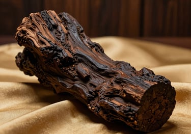 A close-up studio photograph of a highly resinous, dark-colored Merauke Oud wood block resting elegantly on a soft gold silk fabric. Dramatic low-key lighting highlighting the rich, organic texture. Premium, dark wood brown backdrop.