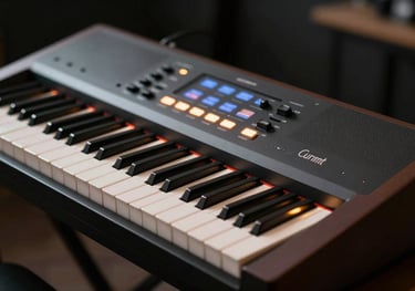A sleek modern synthesizer keyboard with glowing amber lights in a dark room, capturing the sophisticated technology of sound design.