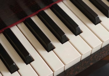 A top-down view of ivory cream piano keys meeting the dark ebony wood frame, focusing on the texture and elegant design.