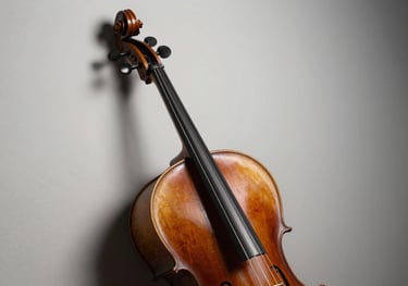 A studio photography shot of a professional cello leaning against a wall, showing its beautiful deep chestnut finish and elegant curves.
