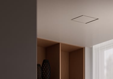 ERGOVENT KVADRO square frameless diffuser flush-mounted in gypsum ceiling of modern interior room