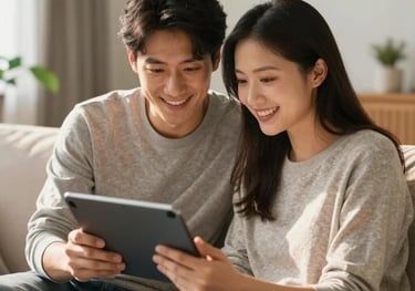 A couple in their warm, modern living room, smiling and looking at a tablet together, enjoying a comfortable home environment. Soft sunlight.