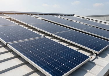 Sleek solar panels neatly installed on a clean slate roof under a bright sun. High-quality photography, Central European architecture.