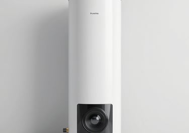 A modern thermodynamic water heater in a minimalist, bright utility room. Clean white walls and professional lighting, high-end equipment.
