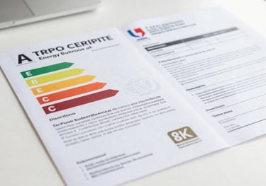 Close-up of a professional energy efficiency certificate and official French renovation documents on a clean white desk. Natural soft lighting, professional setting.