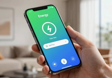 Close-up of a hand holding a modern smartphone showing an energy saving application with green and blue interface. Blurred modern home interior in the background.