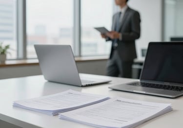 A bright, airy editorial office in Southeast Asia. A clean white table with organized papers and a laptop. A blurred professional in the background looking at a large window. Focused atmosphere.