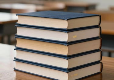 A minimalist close-up of a stack of academic books with high-quality binding. The covers are navy blue and gold. Placed on a polished wooden desk in a bright, modern Southeast Asian university setting.