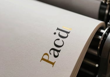A close-up of a printing press detail or high-quality paper textures. The focus is on the crisp edges of a newly printed book spine with elegant typography in black and gold.