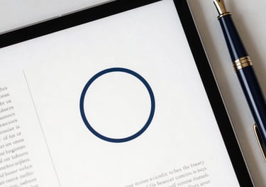 A top-down view of a digital tablet displaying a clean, academic journal layout with a circular minimalist logo. Beside it is a high-end fountain pen. Minimalist aesthetic with navy and gold accents.