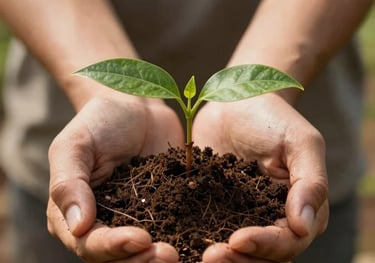 Hands holding a pristine native Brazilian seedling in fertile dark soil, warm natural light, symbolizing sustainable impact investments.