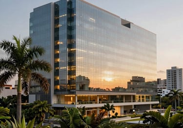 A modern glass architecture office in Brazil overlooking lush tropical foliage, warm soft lighting, elite corporate environment.