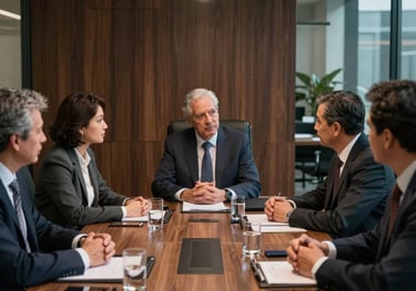 A high-end modern corporate board meeting in South America with executives discussing sustainable investment strategies, sleek dark wood and glass background.