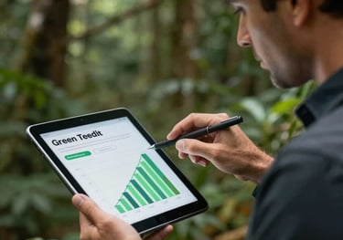 A professional South American consultant analyzing green tech and carbon credit metrics on a sleek digital tablet in Brazil, forest backdrop.