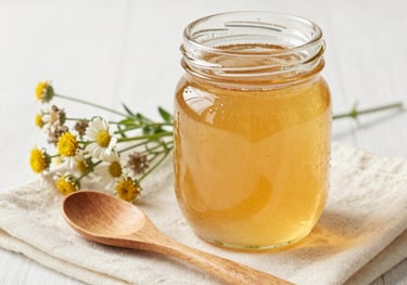 A 250ml glass jar of golden honey sitting on a cream cloth next to a small bunch of wildflowers and a wooden spoon. Natural, artisanal lighting.