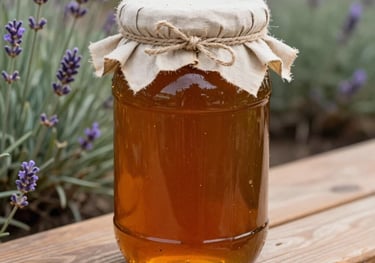 A large 500ml glass jar filled with rich honey, topped with a rustic fabric cover and twine, sitting on a wooden bench with soft wildflower lavender in the background.