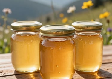 Close-up photography of three artisanal glass jars filled with pure, golden Albanian mountain wildflower honey, artfully arranged on a rustic wooden table. Bright natural light, resembling golden hour, illuminates the honey, highlighting its rich amber color and smooth texture. In the soft-focus background, hints of sunlit Southeastern European mountain wildflowers and a serene mountain landscape are visible, conveying an elegant, rustic, and handcrafted product aesthetic.