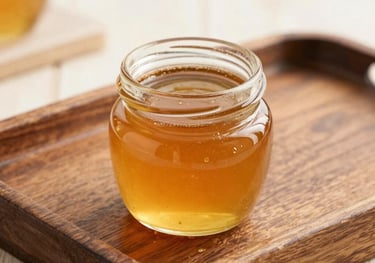 A 100ml small glass jar of honey on a rustic wooden tray, styled as a premium souvenir, with warm golden amber tones and bright natural lighting.
