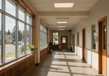 A warm, natural photography shot of a Canadian community center hallway with sunlight streaming through large windows, symbolizing hope and cultural preservation.