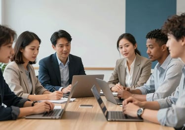 A photograph showing a diverse group of professionals in a bright Canadian office boardroom, focusing on a collaborative and inclusive atmosphere. Muted blue accents appear in the background.