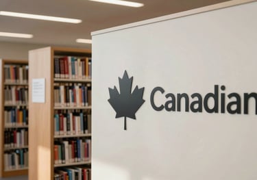 A clean, modern photograph of a Canadian library interior, representing the pursuit of knowledge and education advocacy, with soft natural lighting and off-white textures.
