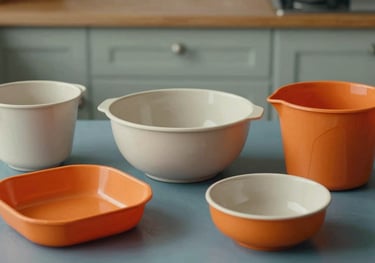 A composition of geometric 70s plastic kitchenware in vibrant orange and soft off-white, arranged on a muted slate blue surface, European / French kitchen, photography.