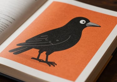 A close-up of an open illustrated book showing a graphic black bird character against a vibrant burnt orange background, European / French graphic design style, photography.