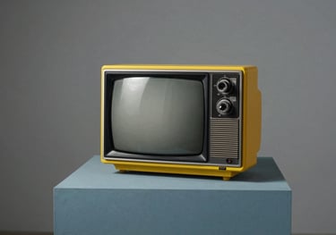A minimalist studio shot of a 1980s portable TV in a bright yellow casing, placed on a muted slate blue pedestal, European / French design gallery, photography.
