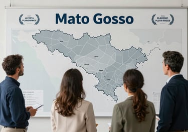 A strategic planning session with professional advisors looking at a large wall map of Mato Grosso, clean aesthetic with pale mist and dark navy highlights.