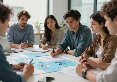A group of creative professionals in a brightly lit, modern office brainstorming over a table with sketches and light blue mood boards.