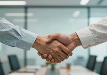 Handshake between two professionals in a modern office, symbolizing a reliable partnership, with a palette of pale mist and teal blue.