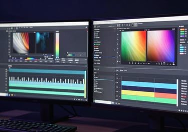 Close up of a professional video editing suite with dual monitors showing high-quality color grading in a dark navy themed studio.