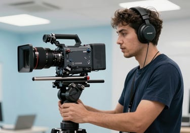 A professional filmmaker in action using a cinema camera on a gimbal, capturing content in a bright, modern commercial space, palette of dark navy and light blue.