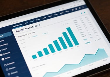 Detailed shot of a tablet displaying a professional CRM dashboard with sales growth charts in teal blue and dark navy colors.