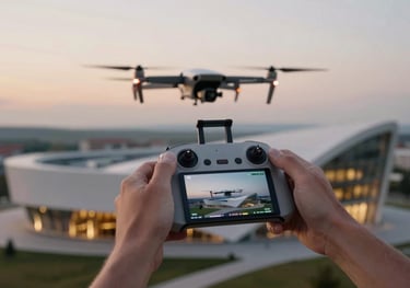 A professional drone pilot using a high-end remote controller with an integrated screen, focused on a flight over a Romanian modern architectural landscape at twilight, soft pale gold lights.