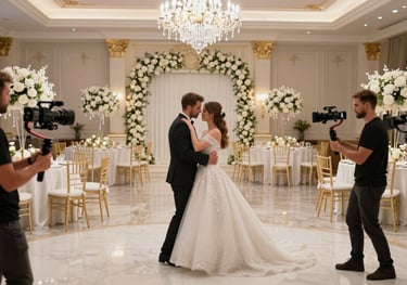 A high-end wedding reception scene in a luxury ballroom in Cluj-Napoca, professional cameramen using stabilizers to capture the first dance, elegant white and gold decor.