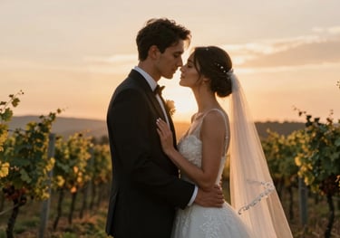 Cinematic and romantic portrait of a bride and groom during a sunset photo shoot in a vineyard near Cluj, warm bronze light, high-end photography with artistic shallow depth of field.